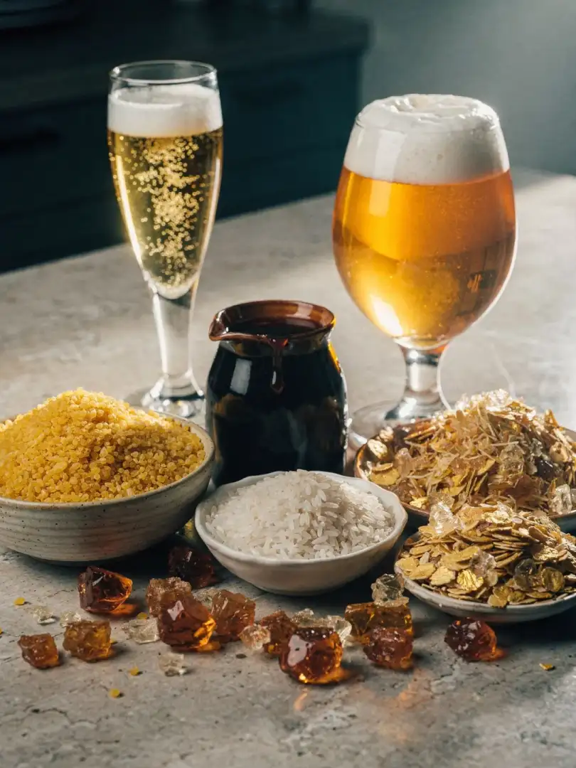 Raw grain: corn, rice, and sugar in beer