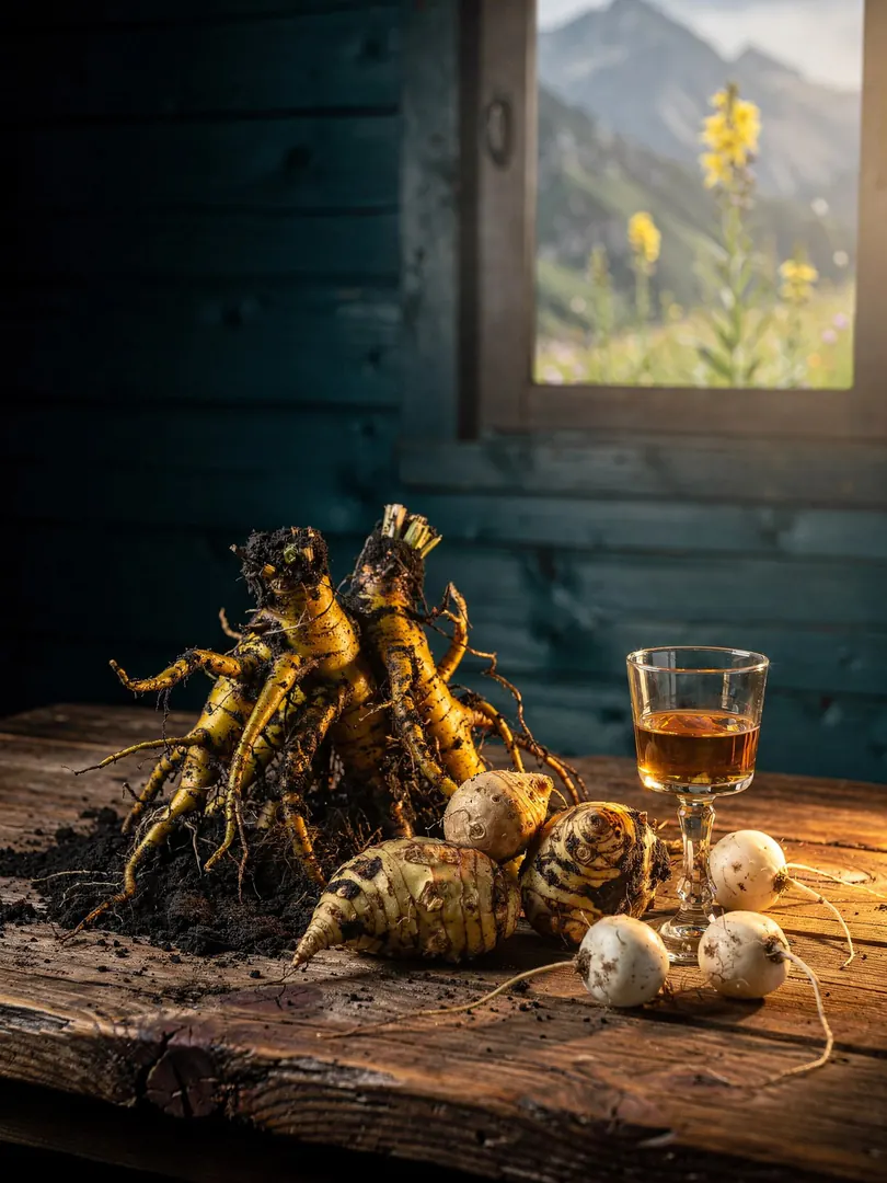 Enzian, Topinambur, Meisterwurz, Krautinger: Spirits from Roots and Root Vegetables