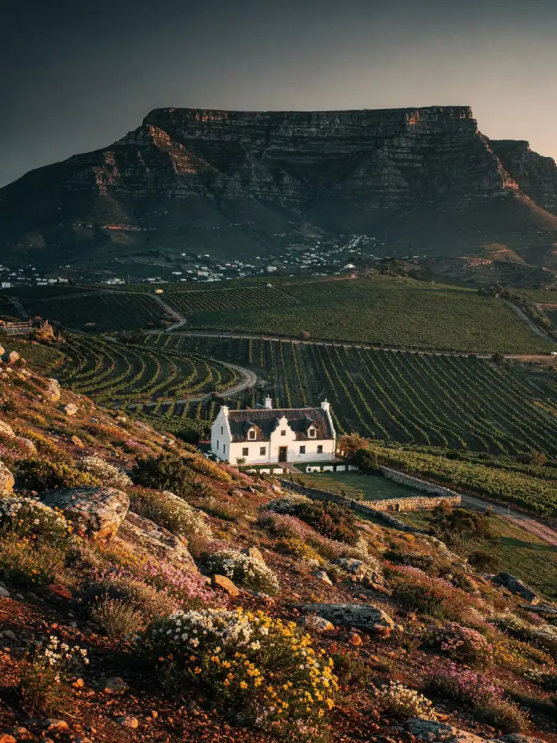 Fynbos-Hänge und Tafelberg am Westkap