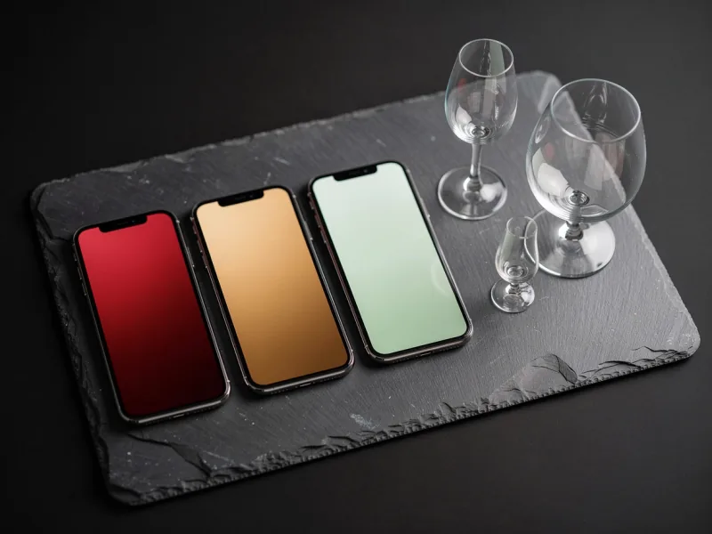 Drei Smartphones mit leeren, unterschiedlich getönten Bildschirmen neben Weinglas, Nosingglas und Ginglas
