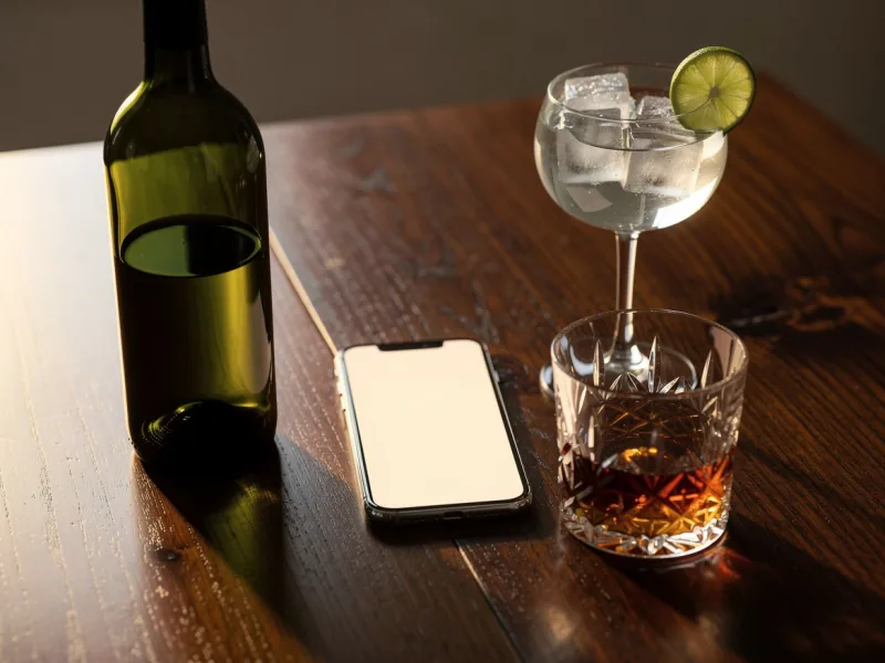 Smartphone mit leerem, leuchtendem Bildschirm zwischen einer Weinflasche, einem Whisky-Tumbler und einem Ginglas auf dunklem Holz