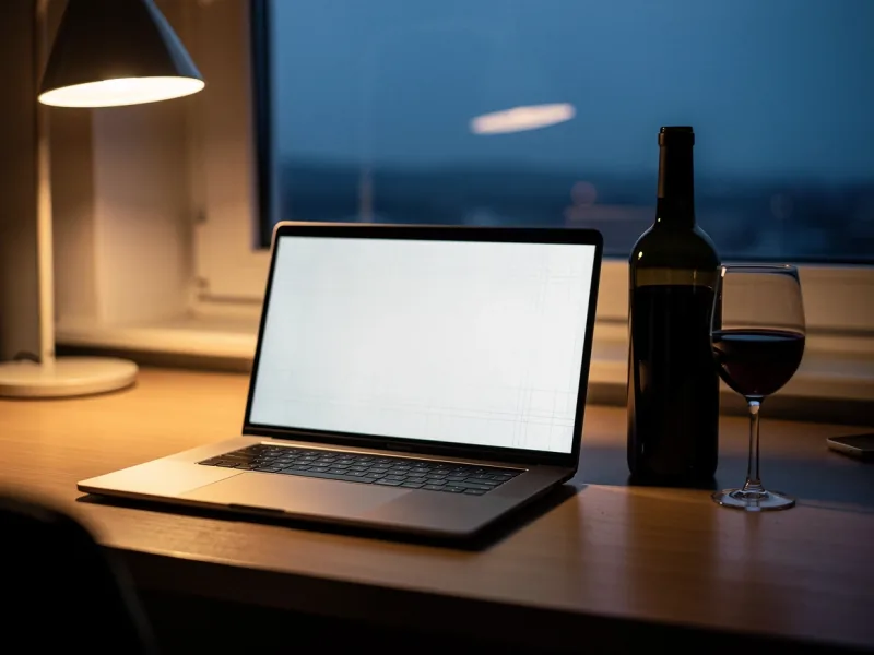 Aufgeklappter Laptop mit abstraktem Tabellenraster ohne Schrift neben einer Weinflasche und einem Glas Rotwein