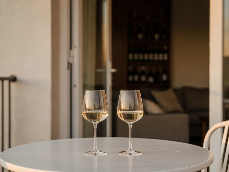 Zwei Weingläser auf einem Tisch, im Hintergrund unscharf ein privates Weinregal
