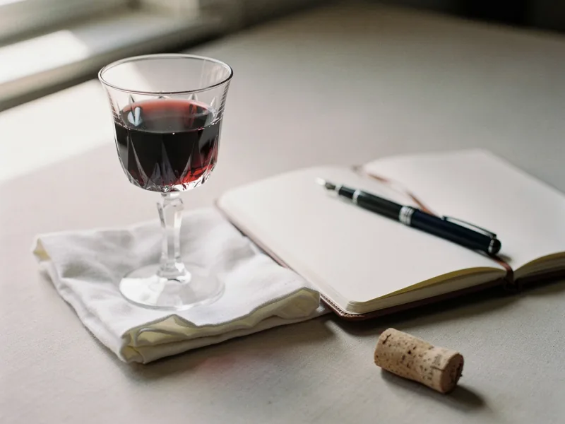 Verkostungsglas mit Rotwein neben einem aufgeschlagenen Notizbuch ohne Schrift und einem Füller