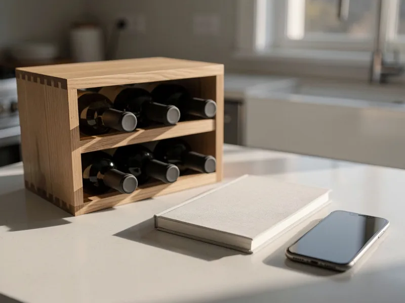 Offenes Weinregal mit einzelnen Flaschen, daneben ein Notizbuch ohne Schrift und ein Smartphone mit dunklem Bildschirm