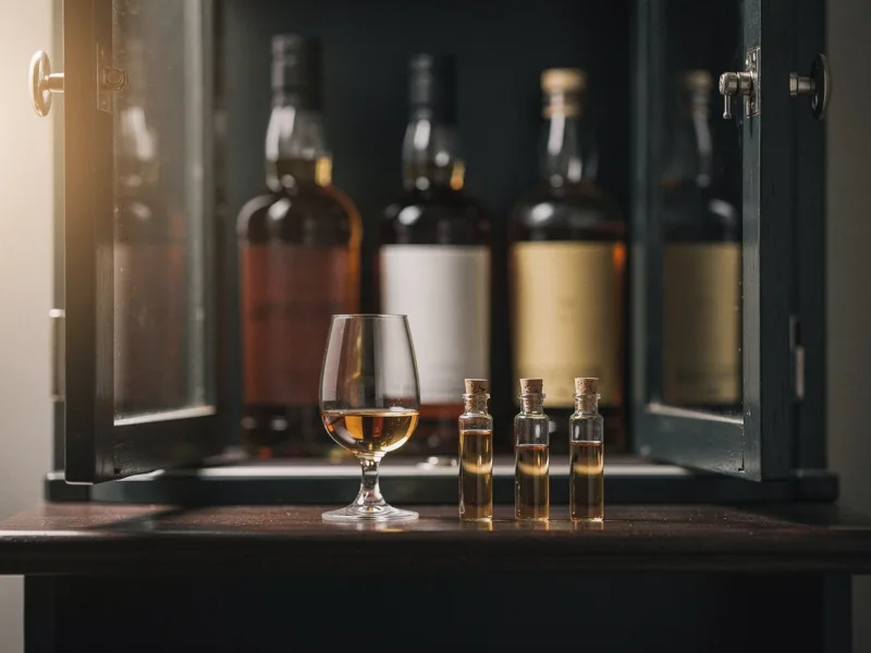 Whisky-Vitrine mit mehreren Flaschen ohne Etikett, davor ein Nosingglas und drei kleine Sample-Fläschchen