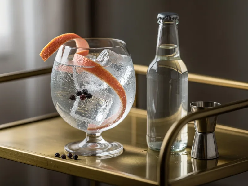 Ginglas mit Eis und Wacholderbeeren neben einer kleinen Tonicflasche ohne Etikett auf einem Barwagen