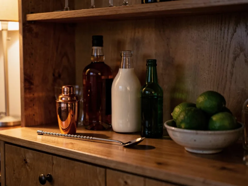 Hausbar im Sideboard mit Rum-, Likör- und Wermutflaschen ohne Etikett, davor Shaker und Barlöffel