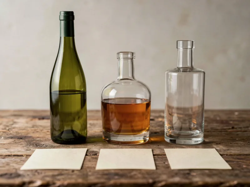 Weinflasche, Whiskyflasche und Ginflasche ohne Etiketten nebeneinander auf einem Holztisch, daneben drei leere Karteikarten