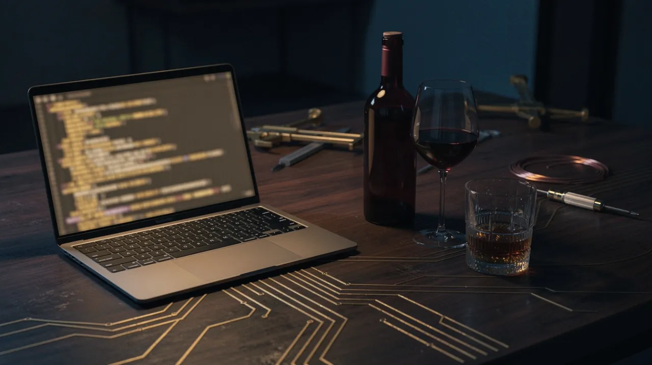 Eine dunkle Werkbank bei Nacht: aufgeklappter Laptop mit Programmcode, daneben Rotwein, ein Weinglas und ein Whisky-Tumbler, goldene Leiterbahnen im Holz