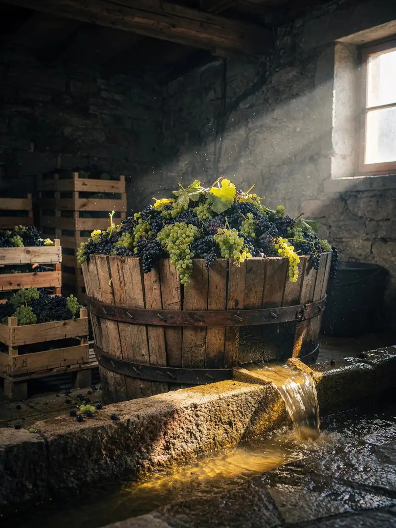 Grundwein und Cuvée: frühe Lese, Pressung, Assemblage