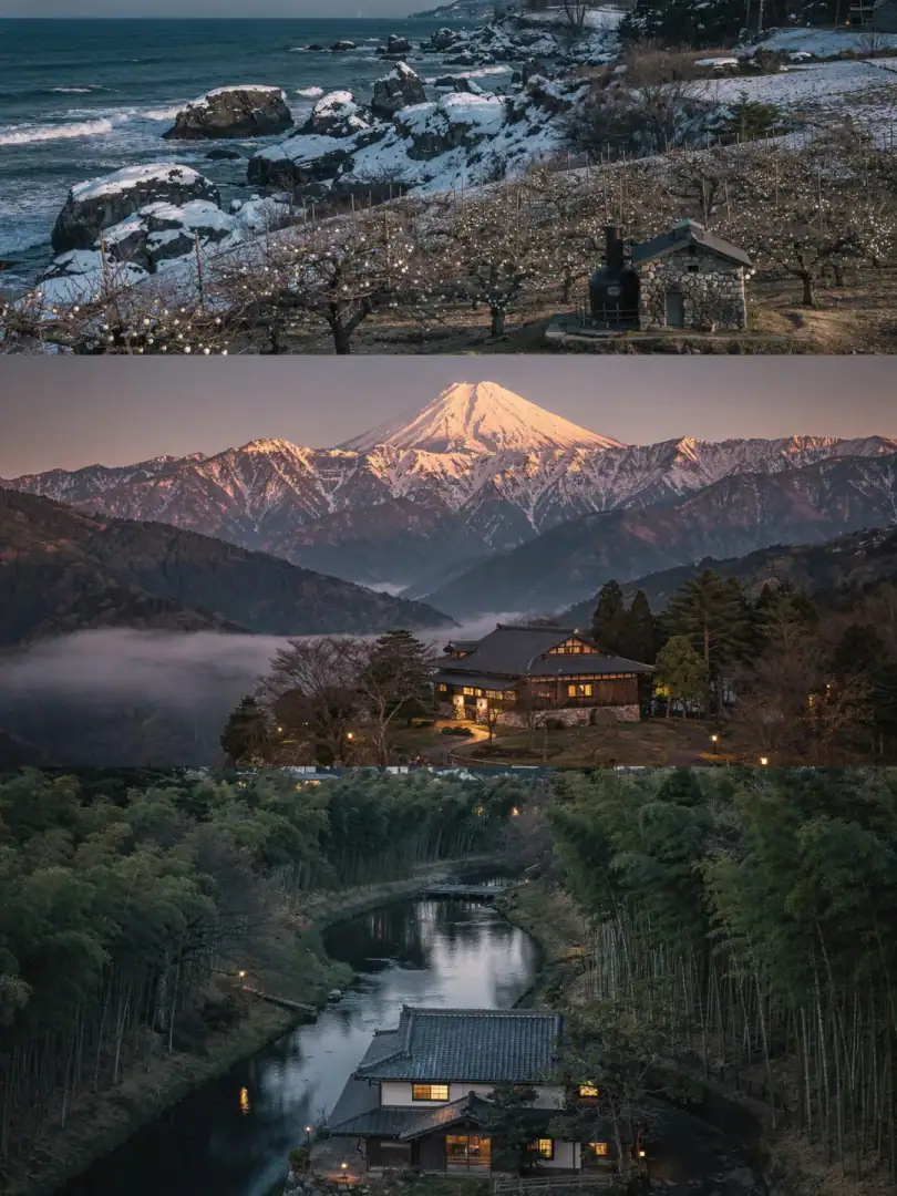 Japanische Berglandschaft mit Brennerei im Wald